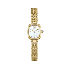 FIYTA Mini Cushion Women's Quartz Watch DL21011.GWG product view (White Dial / Gold Strap)