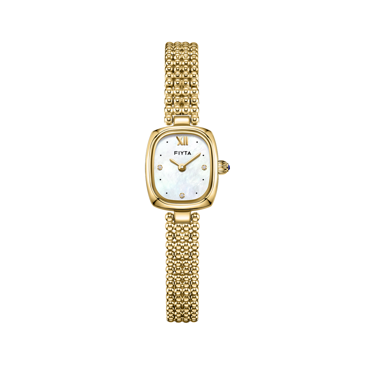 FIYTA Mini Cushion Women's Quartz Watch DL21011.GWG product view (White Dial / Gold Strap)
