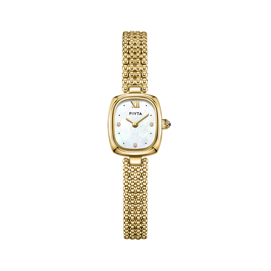 FIYTA Mini Cushion Women's Quartz Watch DL21011.GWG product view (White Dial / Gold Strap)