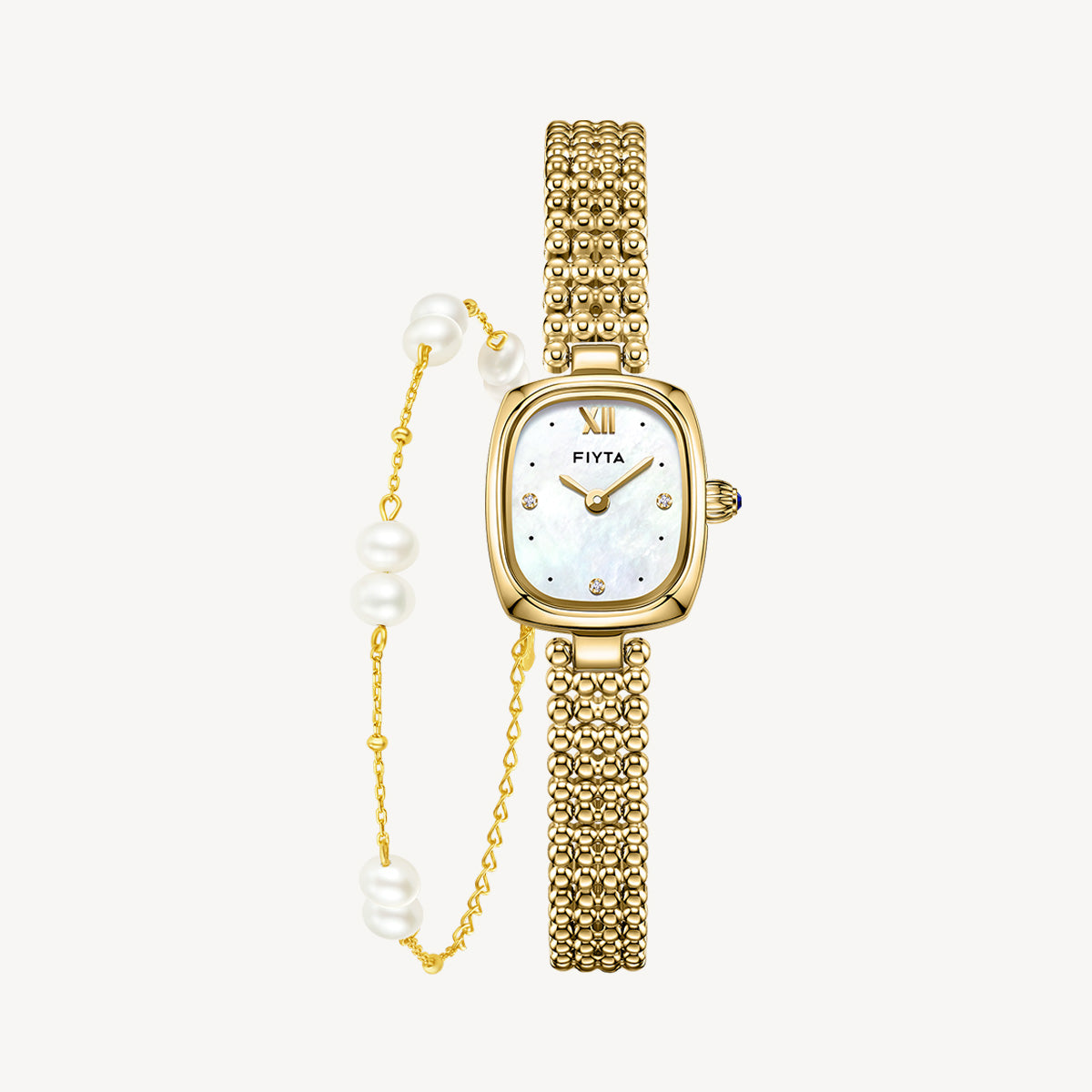 Gold Watch Mother-of-Pearl & Pearl Bracelet Gift Set - FIYTA