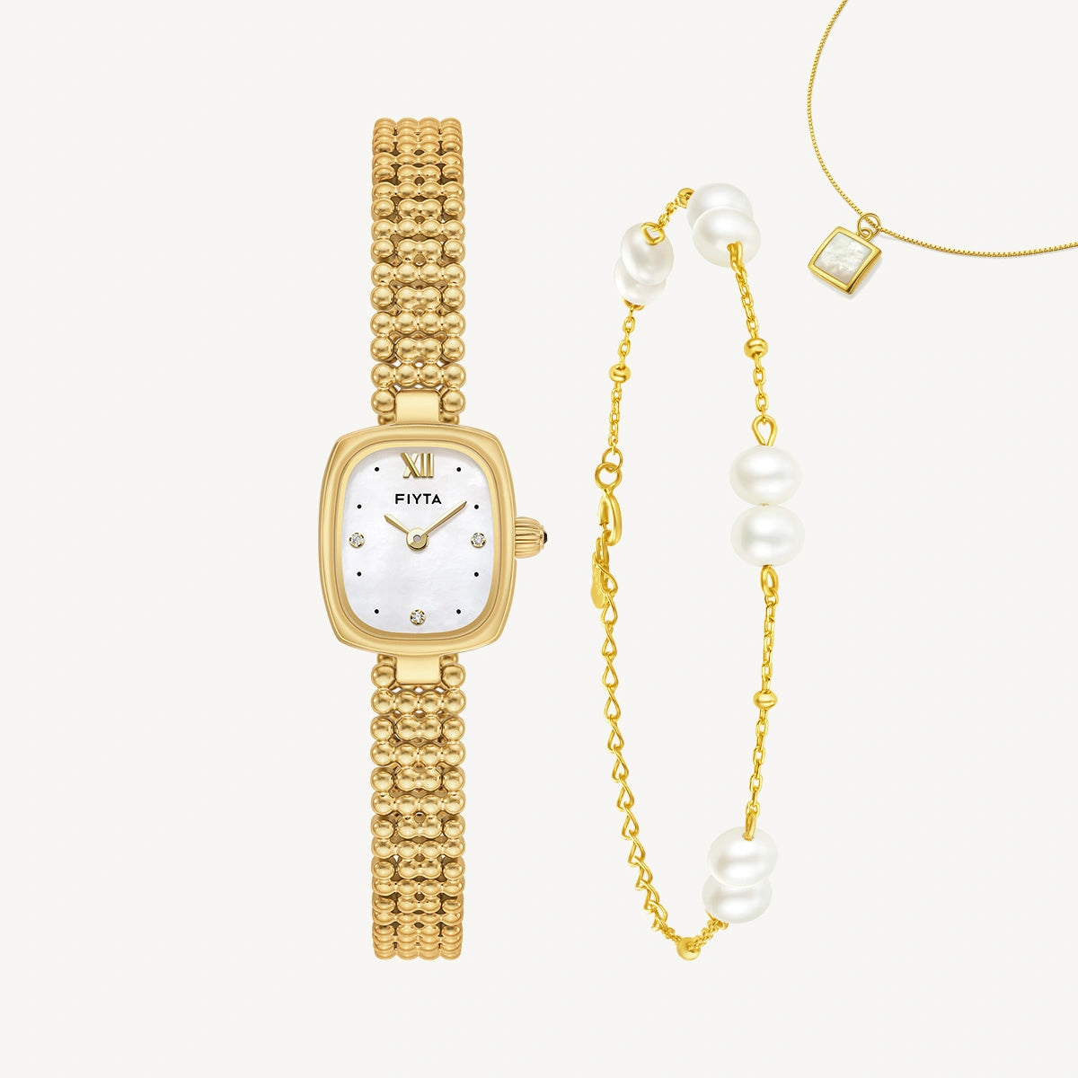 Gold Watch Mother-of-Pearl & Necklace & Pearl Bracelet Gift Set - FIYTA