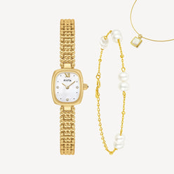 Gold Watch Mother-of-Pearl & Necklace & Pearl Bracelet Gift Set - FIYTA