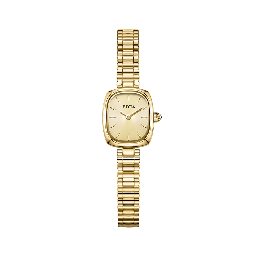 FIYTA Mini Cushion Women's Quartz Watch DL21012.GGG product view (Gold Dial / Gold Strap)