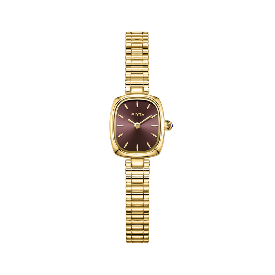 FIYTA Mini Cushion Women's Quartz Watch DL21012.GKG product view (Brown Dial / Gold Strap)