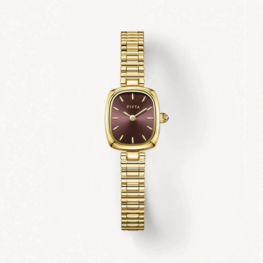 FIYTA Mini Cushion Women's Quartz Watch DL21012.GKG detail image (Brown Dial / Gold Strap)