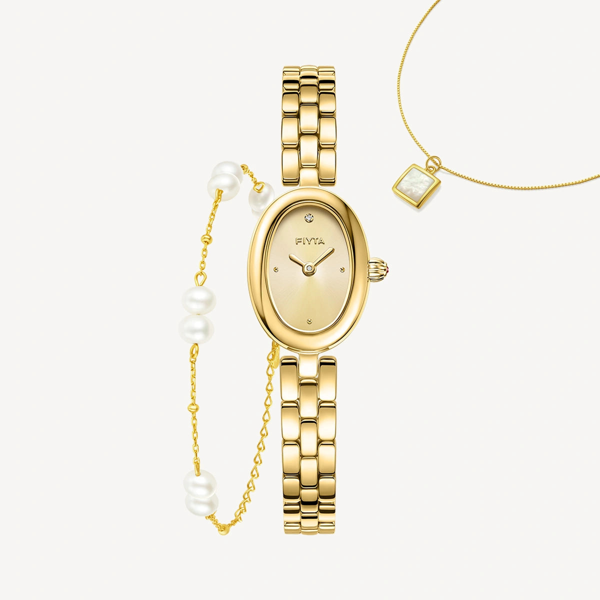 Little Golden Bean Watches & Pearl Bracelet & Mother-of-Pearl Necklace Gift Set - FIYTA