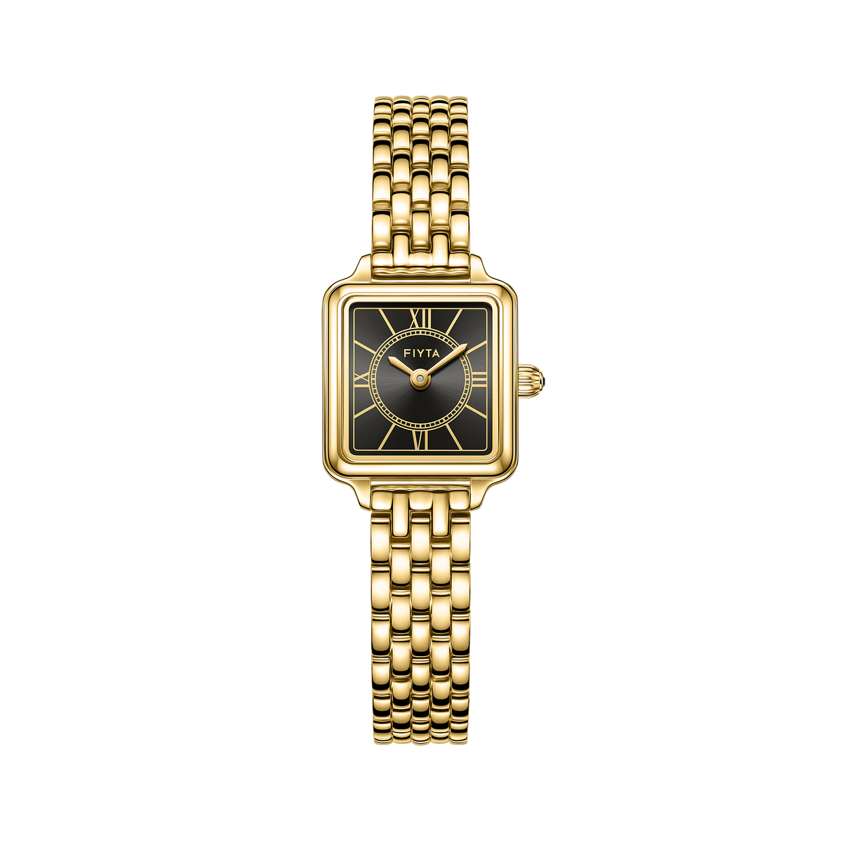 FIYTA Mini Retro Square Women's Quartz Watch DL865033.GBG product view (Black Dial / Gold Strap) (DL865033.GBG)