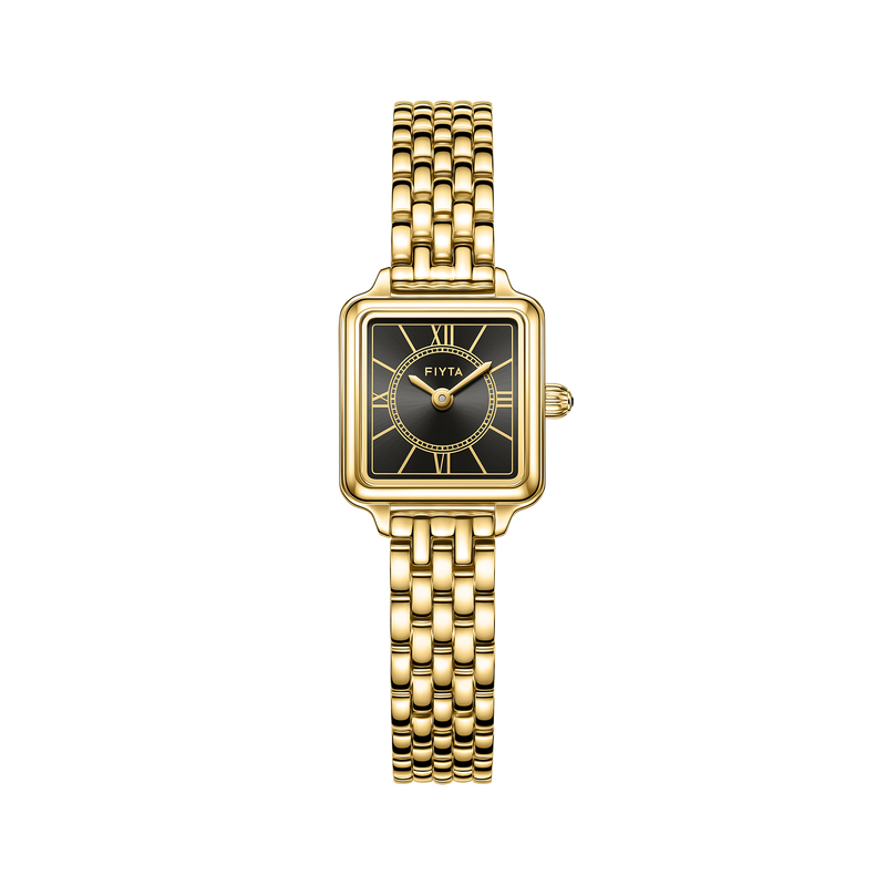 FIYTA Mini Retro Square Women's Quartz Watch DL865033.GBG product view (Black Dial / Gold Strap) (DL865033.GBG)