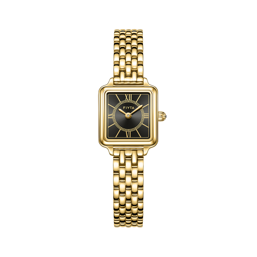FIYTA Mini Retro Square Women's Quartz Watch DL865033.GBG product view (Black Dial / Gold Strap) (DL865033.GBG)