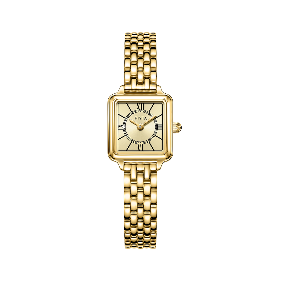 FIYTA Mini Retro Square Women's Quartz Watch DL865033.GGG product view (Gold Dial / Gold Strap) (DL865033.GGG)