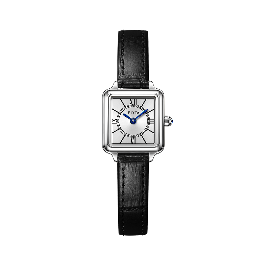 FIYTA Mini Retro Square Women's Quartz Watch DL865033.WWB product view (Silver Dial / Black Strap) (DL865033.WWB)