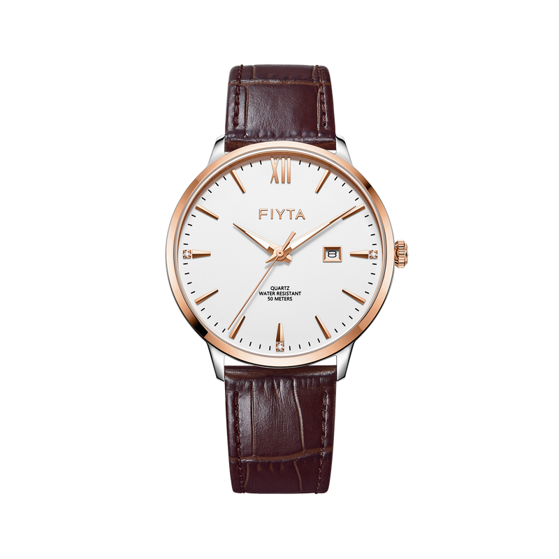 FIYTA Joyart Classic Pair Men's Quartz Watch 41 mm – 50 m G800023.MWK product view (White Dial / Brown Strap)