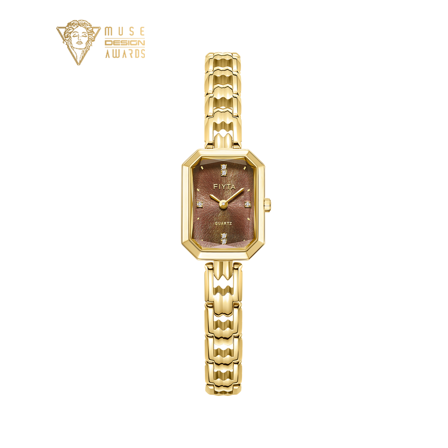 Eastern Grace Collection Women's Watch & Tiger’s Eye Clover Bracelet Gift Set - FIYTA (Brown Dial / Gold Strap)