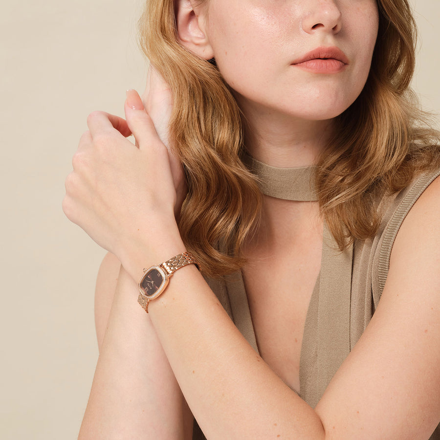 FIYTA Cocoa Zircon-Set Women's Quartz Watch L865018.PKPD wearing photo 1 (Brown Dial / Rose Gold Strap)