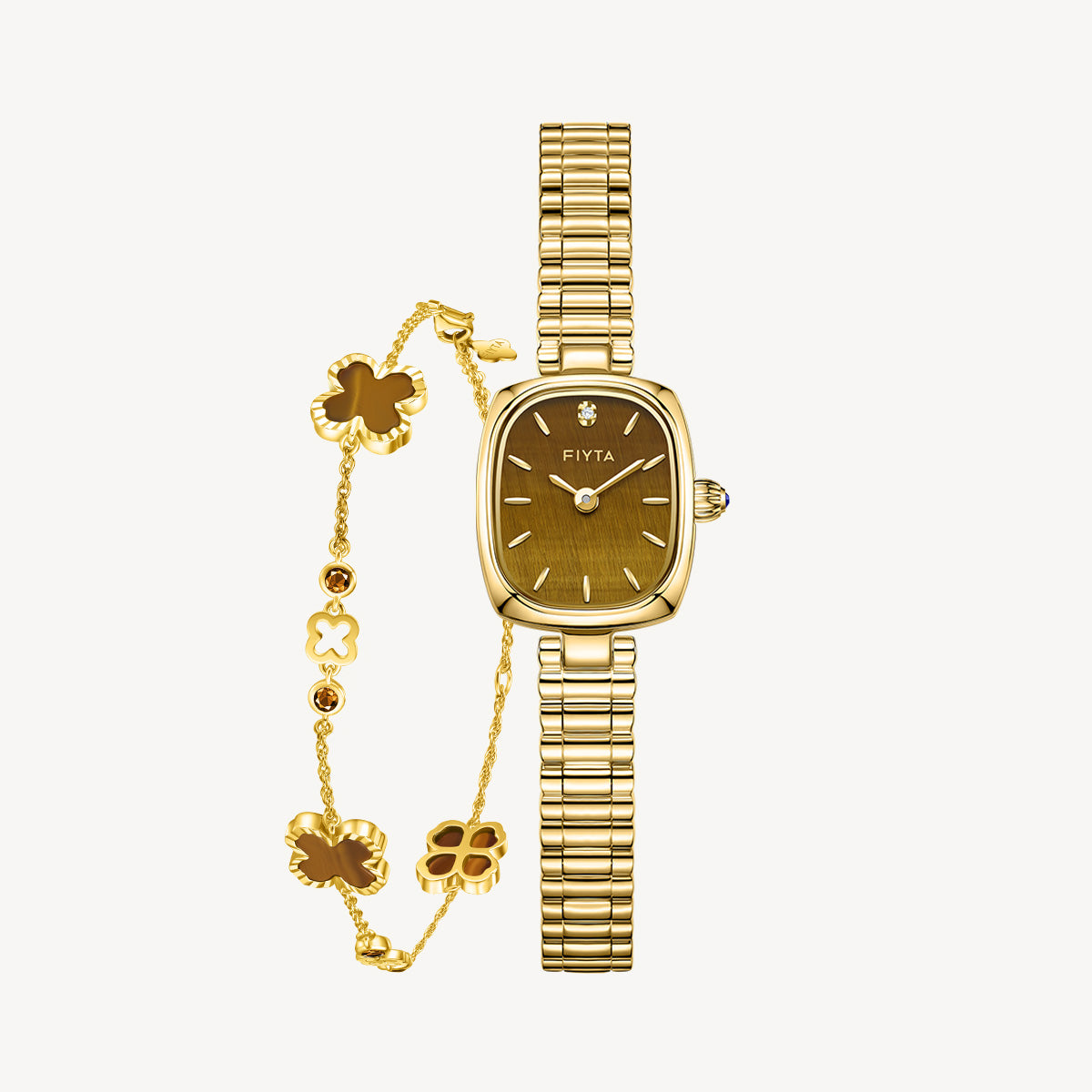 Gold Watch for Women & Tiger’s Eye Clover Bracelet Gift Set - FIYTA