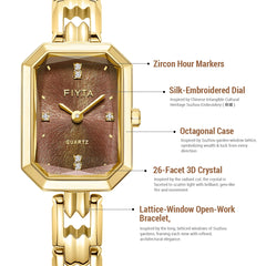 Eastern Grace Collection Women's Watch & Tiger’s Eye Clover Bracelet Gift Set - FIYTA (Brown Dial / Gold Strap)