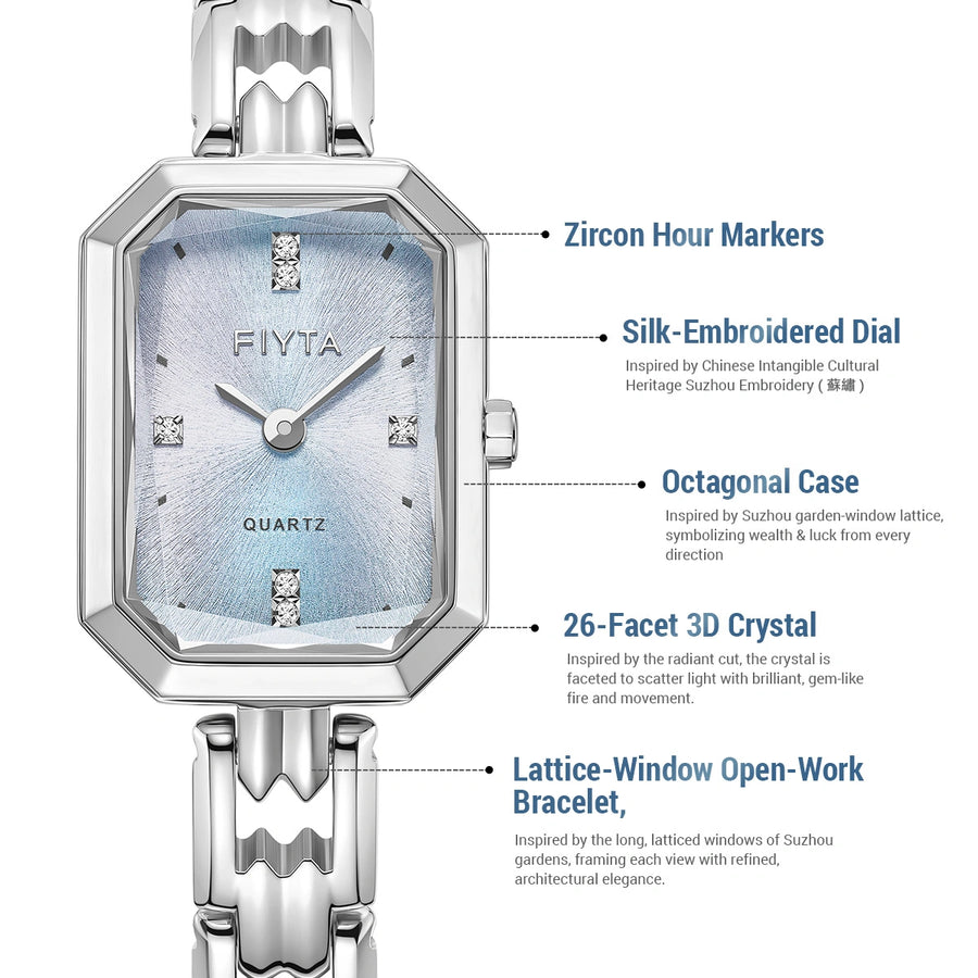 Eastern Grace Collection Women's Watch & Turquoise Clover Bracelet Gift Set - FIYTA (Aqua Blue Dial / Silver Strap)