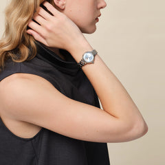 FIYTA Good Fortune Persimmon Women's Automatic Watch LA865022.WLW wearing photo 1 (Aqua Blue Dial / Silver Strap)