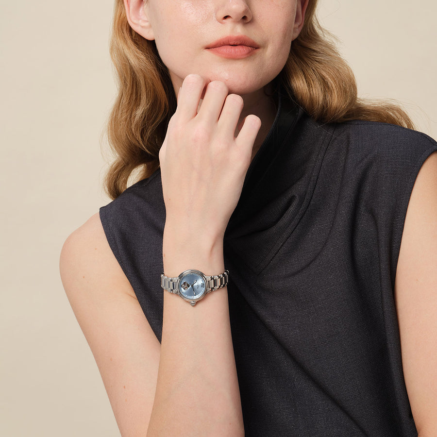 FIYTA Good Fortune Persimmon Women's Automatic Watch LA865022.WLW wearing photo 2 (Aqua Blue Dial / Silver Strap)