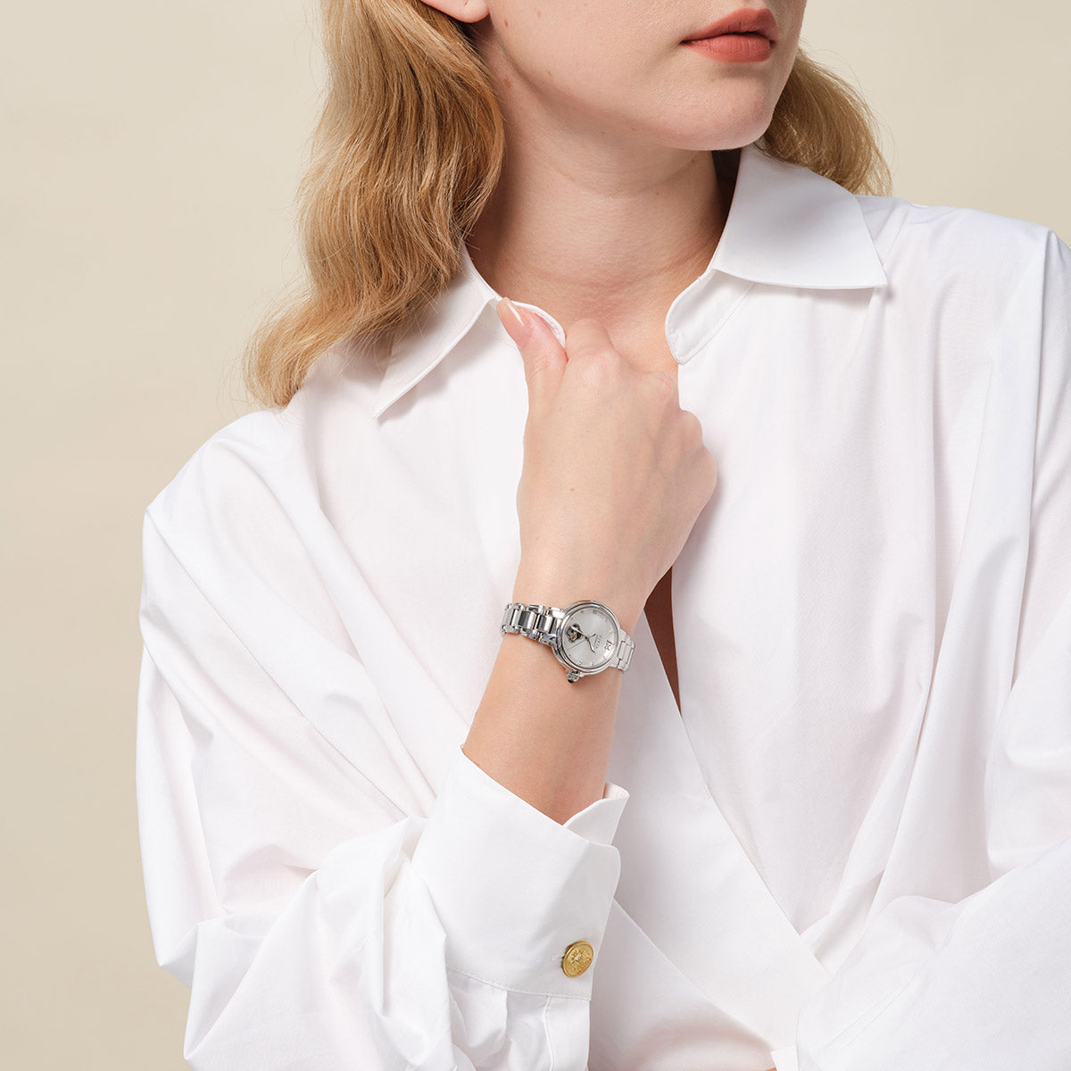 FIYTA Good Fortune Persimmon Women's Automatic Watch LA865022.WWW wearing photo 1 (Silver Dial / Silver Strap)