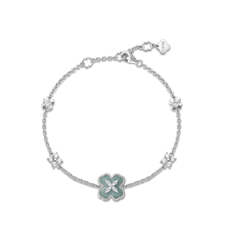 FIYTA Little Luck Four-Leaf Clover Bracelet AB0015.WSDG front view (Aqua Blue)