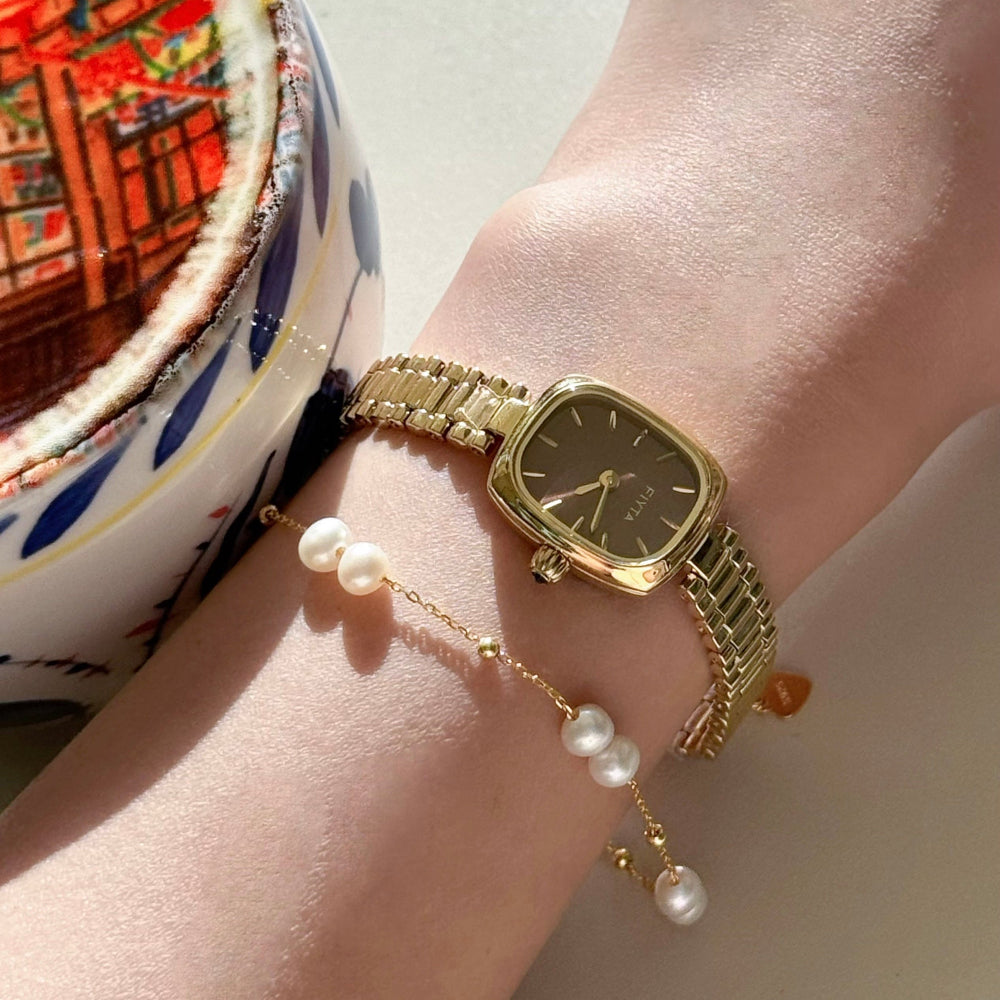 Gold Watch & Pearl Bracelet Gift Set - FIYTA