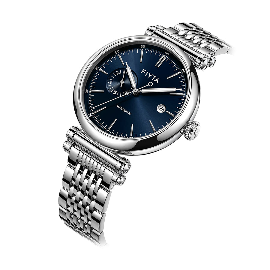 Angled view of the FIYTA Measured blue-dial automatic watch with its multi-link stainless steel bracelet. (GA850019.WLW)