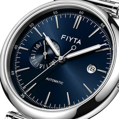 Close-up of the blue sunburst dial, 24-hour display and date window on the FIYTA Measured watch. (GA850019.WLW)