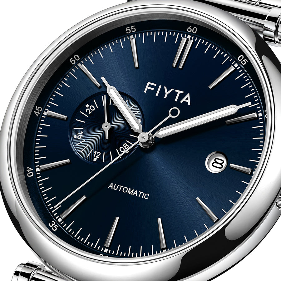 Close-up of the blue sunburst dial, 24-hour display and date window on the FIYTA Measured watch. (GA850019.WLW)