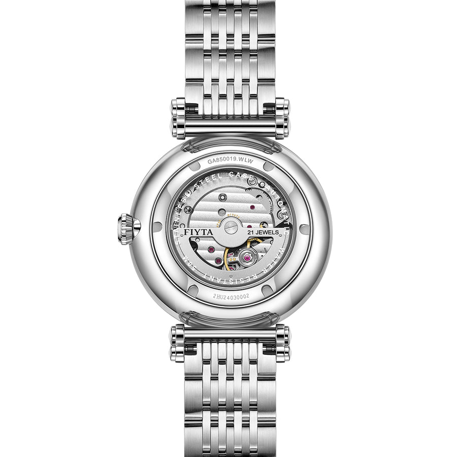 Rear view of the FIYTA Measured watch showing its automatic movement through the exhibition caseback. (GA850019.WLW)
