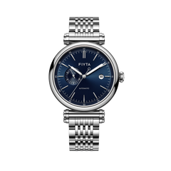 Front view of the FIYTA Measured automatic watch with a blue gradient dial, 24-hour display and stainless steel bracelet. (GA850019.WLW)
