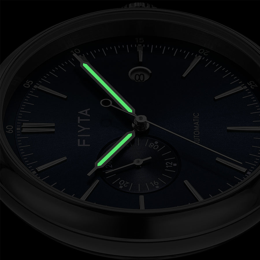 The FIYTA Measured hour and minute hands glowing green against the dark blue dial. (GA850019.WLW)