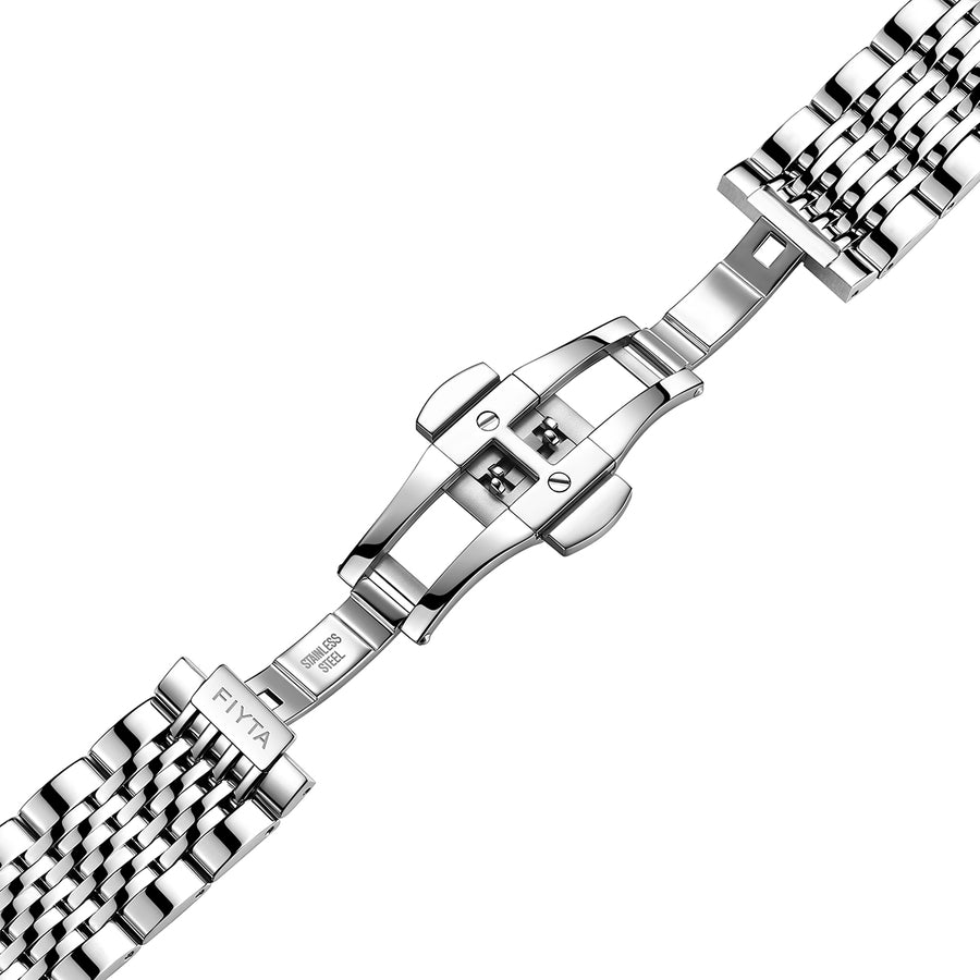 The open folding clasp on the FIYTA Measured multi-link stainless steel bracelet. (GA850019.WLW)