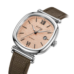Angled view of the FIYTA Tempered watch showing its rose-toned textured dial, silver-tone case and brown strap. (GA850028.WOK)