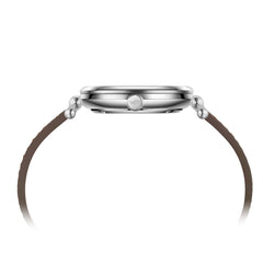 Side profile of the FIYTA Tempered watch showing the rounded silver-tone case, crown and brown strap. (GA850028.WOK)
