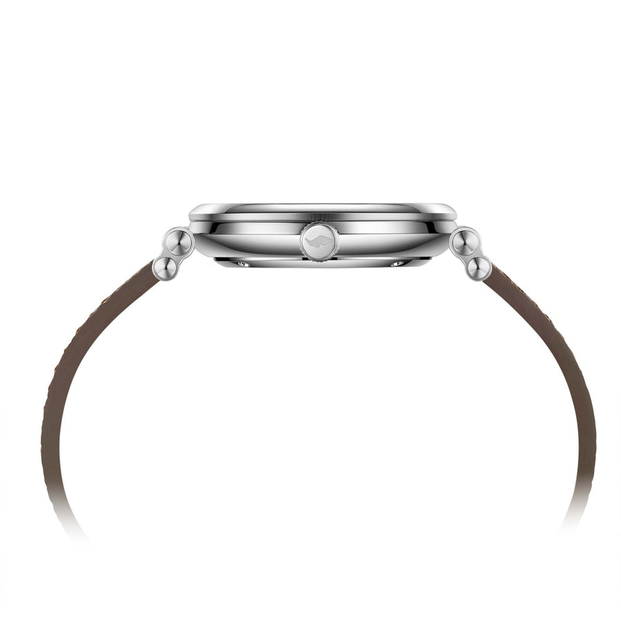 Side profile of the FIYTA Tempered watch showing the rounded silver-tone case, crown and brown strap. (GA850028.WOK)