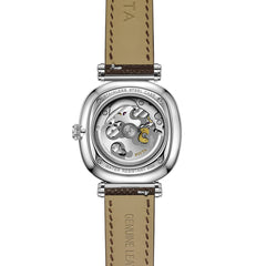Rear view of the FIYTA Tempered watch showing the movement through the transparent caseback and the underside of its brown strap. (GA850028.WOK)