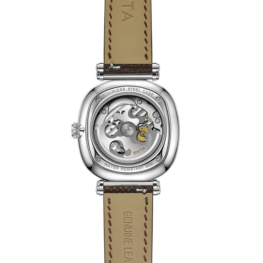 Rear view of the FIYTA Tempered watch showing the movement through the transparent caseback and the underside of its brown strap. (GA850028.WOK)