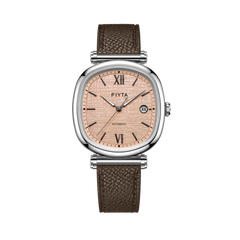 Front view of the FIYTA Tempered GA850028.WOK automatic watch with a warm peach textured dial and brown leather strap. (GA850028.WOK)