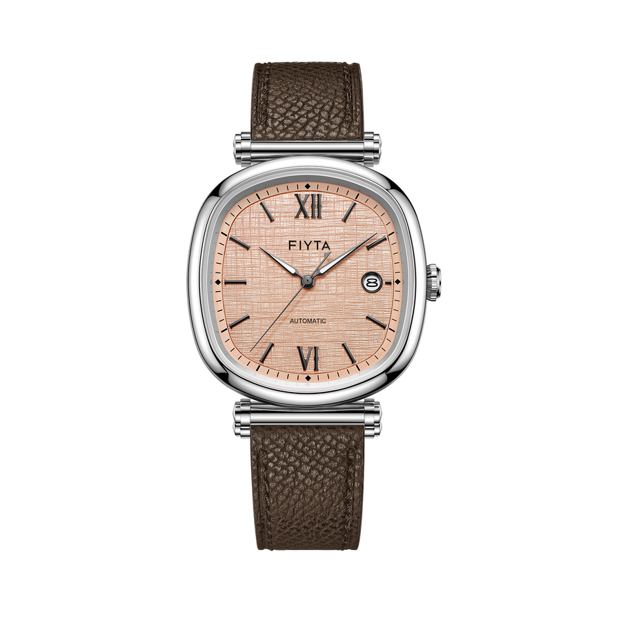 Front view of the FIYTA Tempered GA850028.WOK automatic watch with a warm peach textured dial and brown leather strap. (GA850028.WOK)