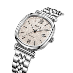 Angled view of the FIYTA Tempered watch showing its light textured dial, rounded case and silver-tone bracelet. (GA850028.WWW)