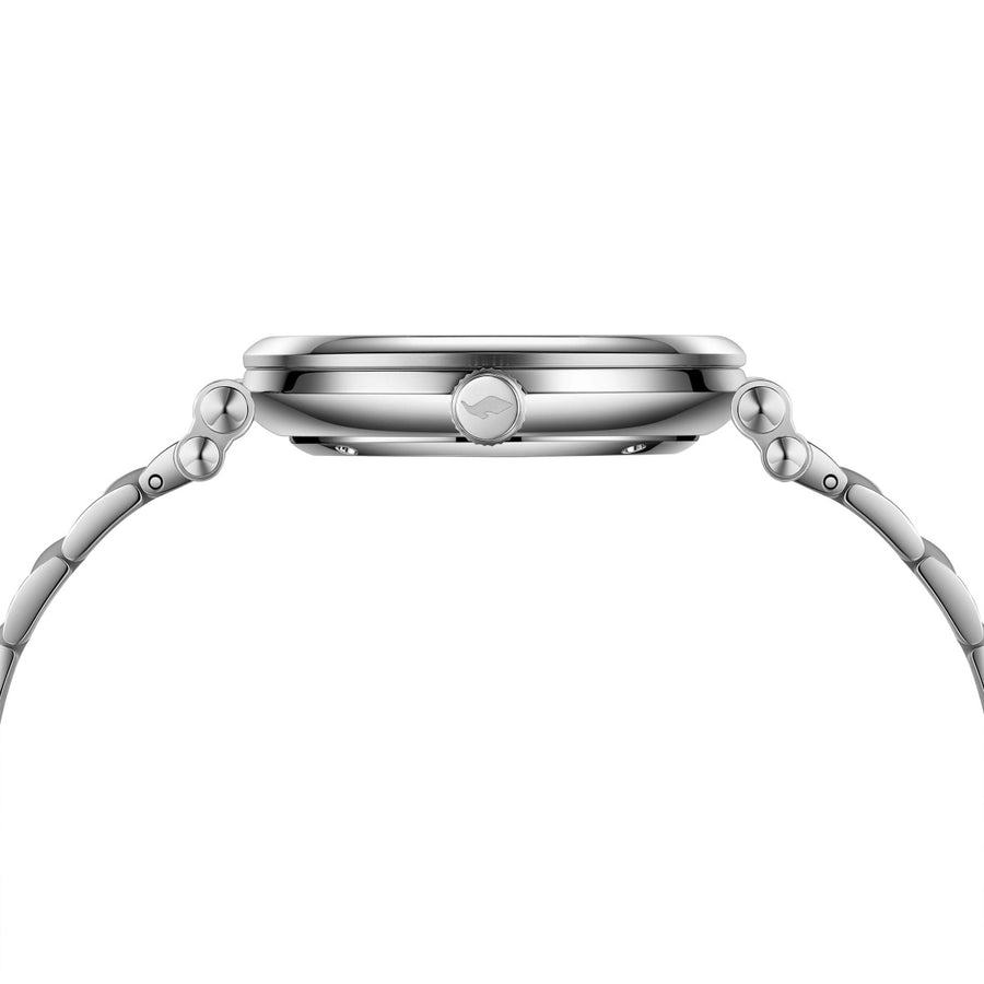 Side profile of the FIYTA Tempered watch showing the rounded silver-tone case, crown and bracelet. (GA850028.WWW)