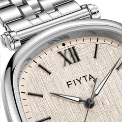 Close-up of the FIYTA Tempered light textured dial with Roman numerals, raised hour markers and silver-tone case. (GA850028.WWW)