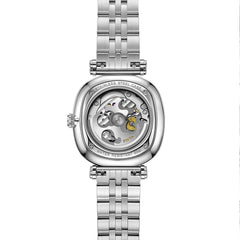 Rear view of the FIYTA Tempered watch showing the movement through the transparent caseback and its silver-tone bracelet. (GA850028.WWW)