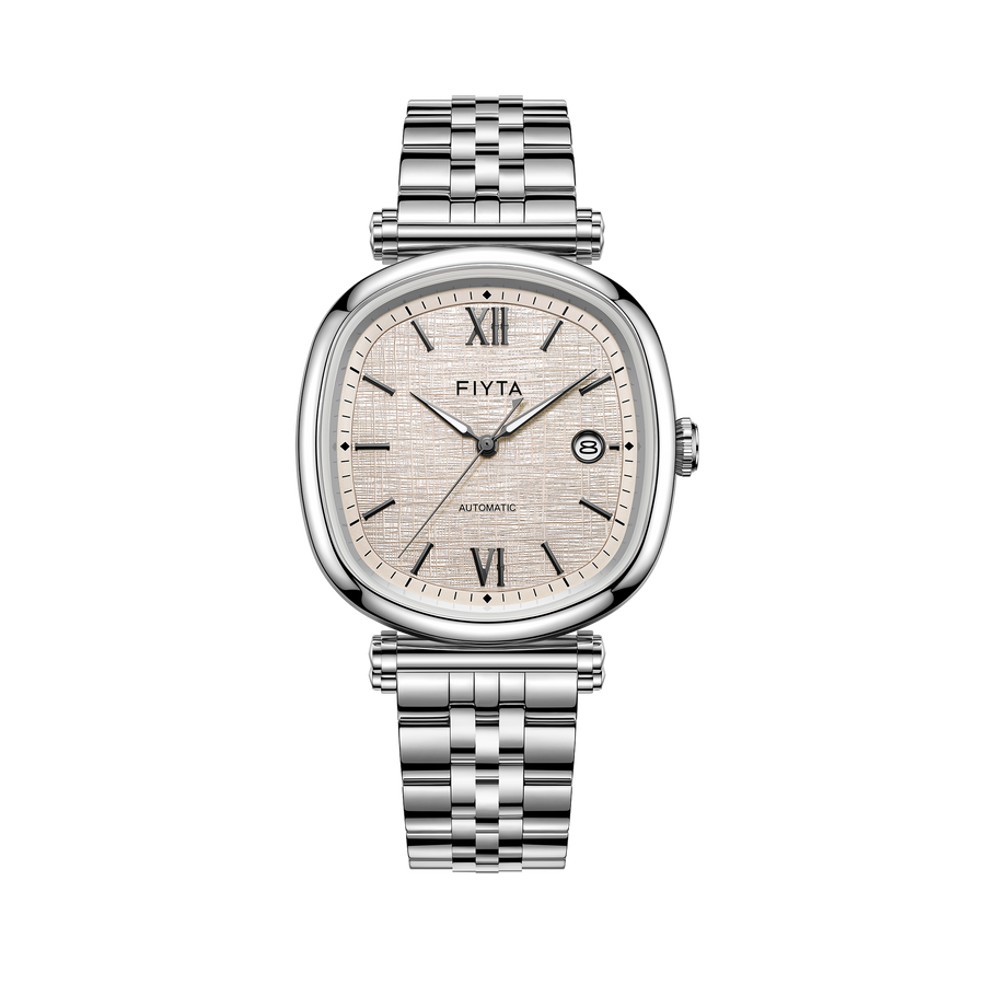 Front view of the FIYTA Tempered GA850028.WWW automatic watch with a parchment-tone textured dial and stainless steel bracelet. (GA850028.WWW)