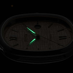 The hands on the FIYTA Tempered light-dial watch glowing green against a dark background. (GA850028.WWW)