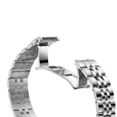 Close-up of the open folding clasp on the FIYTA Tempered silver-tone bracelet. (GA850028.WWW)