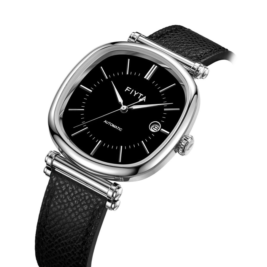 Angled view of the FIYTA Tempered watch showing its black dial, silver-tone case and black textured strap. (GA850029.WBB)