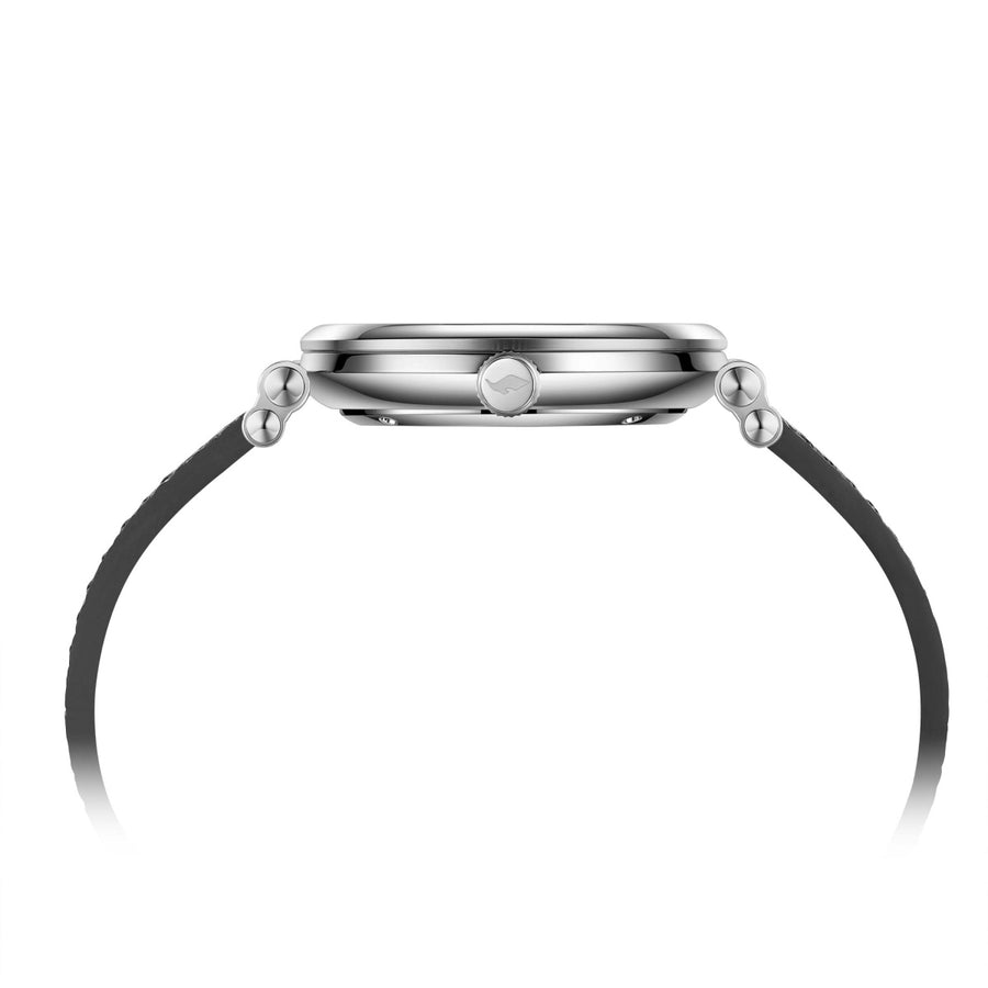 Side profile of the FIYTA Tempered watch showing the rounded silver-tone case, crown and black strap. (GA850029.WBB)