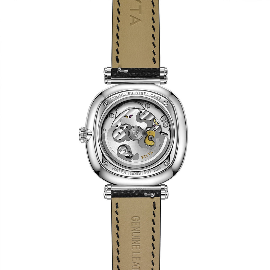 Rear view of the FIYTA Tempered watch showing the movement through the transparent caseback and the underside of its black strap. (GA850029.WBB)